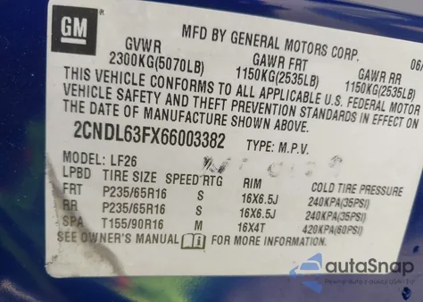 2006 Chevrolet Equinox Lt из США, поврежденный, VIN 2CNDL63FX66003382